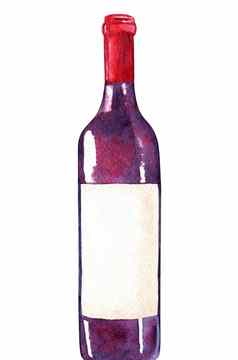 水彩玻璃瓶红色的酒孤立的白色背景咖啡馆菜单设计海报打印紫色的瓶红色的帽白色标签