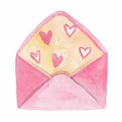 水彩手画粉红色的信封粉红色的心孤立的白色背景情人节一天爱信