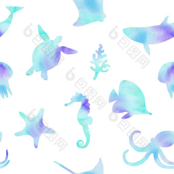 水彩蓝色的水下动物鱼轮廓无缝的模式白色背景织物婴儿纺织剪贴簿包装壁纸打印