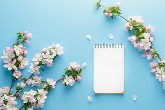 盛开的春天樱花蓝色的背景记事本空间问候消息概念春天母亲的一天美丽的精致的粉红色的樱桃花春天