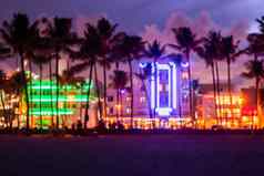 长途跋涉背景迈阿密海滩海洋开车酒店餐厅日落城市天际线棕榈树晚上艺术德科夜生活南海滩