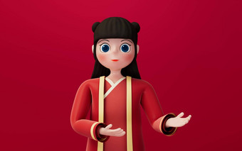 中国人女孩红色的背景卡通字符呈现