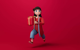 中国人女孩礼物红色的背景呈现