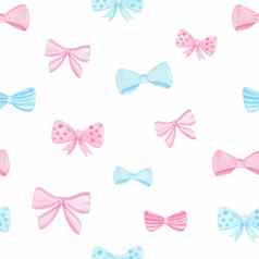 粉红色的蓝色的弓无缝的模式白色背景水彩手画丝带