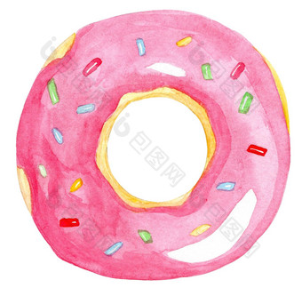 水彩粉红色的甜甜圈形状的橡胶环游泳孤立的白色背景