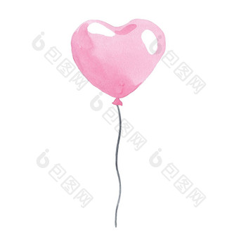 水彩粉红色的心气球字符串孤立的白色背景