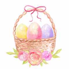 水彩手画复活节篮子黄色的粉红色的紫色的鸡蛋粉红色的弓花孤立的白色背景