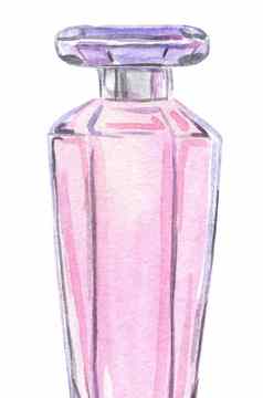 水彩手画粉红色的玻璃香水瓶孤立的白色背景标志设计品牌时尚行业香水