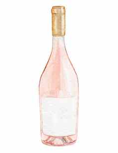 水彩玫瑰酒瓶孤立的白色背景