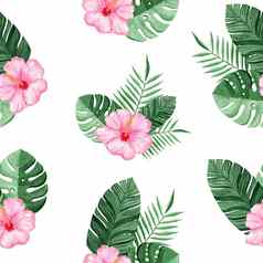 水彩粉红色的芙蓉热带叶子无缝的模式白色背景织物纺织品牌邀请剪贴簿包装