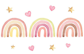 水彩柔和的颜色彩虹集心星星孤立的白色背景婴儿托儿所装饰海报织物婴儿淋浴