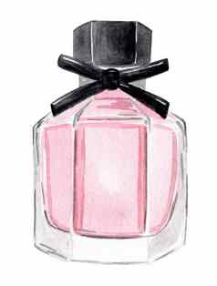 水彩手画粉红色的形状的香水玻璃瓶黑色的弓孤立的白色背景