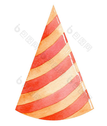 水彩橙色生日他红色的条纹孤立的白色背景手画聚会，派对帽插图