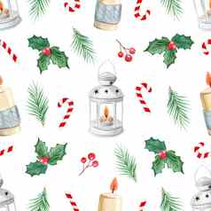 水彩冬青蜡烛圣诞节无缝的模式白色背景糖果狗松分支机构织物纺织剪贴簿品牌包装