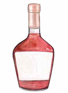 水彩白兰地玻璃瓶孤立的白色背景