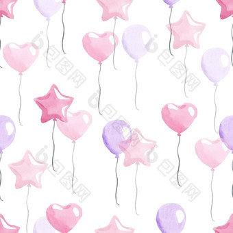 水彩粉红色的气球无缝的模式白色背景透明的气球心星星织物婴儿淋浴邀请托儿所壁纸包装