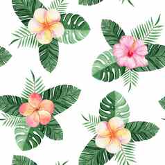 水彩热带叶子花无缝的模式白色背景织物纺织品牌邀请剪贴簿包装