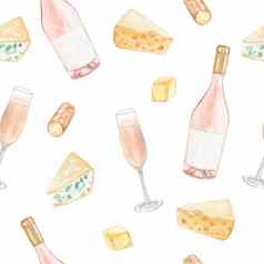 水彩玫瑰酒奶酪无缝的模式白色背景意大利食物打印织物纺织咖啡馆菜单壁纸