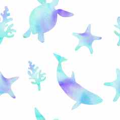 水彩蓝色的鲸鱼乌龟无缝的模式白色背景织物纺织包装剪贴簿水下生活海洋动物