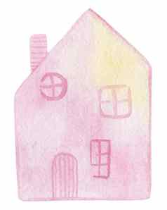 水彩手画可爱的粉红色的房子孤立的白色