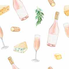 水彩玫瑰酒瓶奶酪无缝的模式白色背景餐厅壁纸菜单设计织物酒庄打印餐巾图像