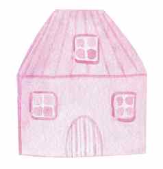水彩手画粉红色的房子窗户通过地板孤立的白色背景