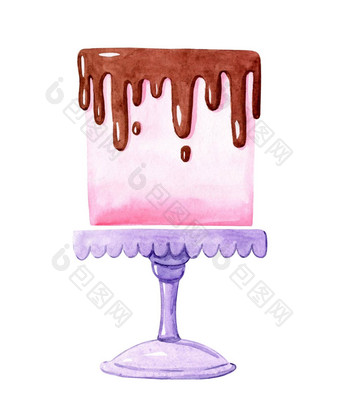 水彩粉红色的蛋糕紫色的站孤立的白色背景面包店标志餐饮设计