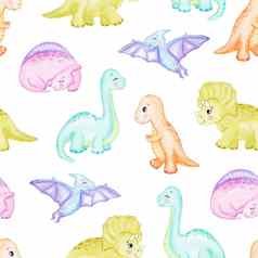 水彩婴儿恐龙无缝的模式白色背景可爱的恐龙纹理织物纺织包装