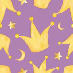 水彩公主冠星星无缝的模式紫色的背景