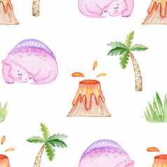 水彩粉红色的婴儿恐龙睡觉火山无缝的模式白色背景婴儿织物纺织包装剪贴簿壁纸