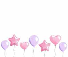 水彩粉红色的气球边境孤立的白色背景婴儿淋浴装饰生日卡框架邀请设计横幅