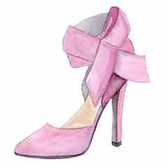 水彩手画粉红色的女人鞋子高高跟鞋弓孤立的白色背景