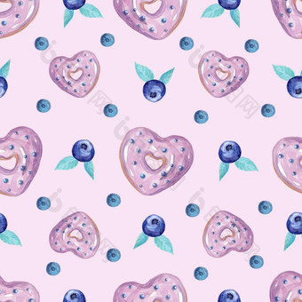 水彩<strong>蓝莓</strong>甜甜圈无缝的模式光紫色的背景织物纺织<strong>包装</strong>剪贴簿壁纸