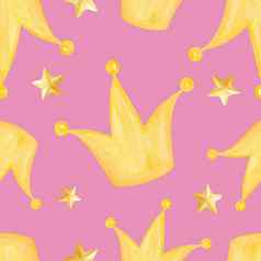 公主黄色的冠星星无缝的模式粉红色的背景水彩黄金王冠打印