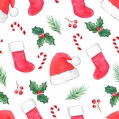 水彩红色的圣诞老人他长袜无缝的模式白色背景糖果拐杖冬青分支机构圣诞节打印织物纺织包装剪贴簿壁纸