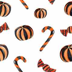 水彩万圣节南瓜对待无缝的模式白色背景橙色黑色的条纹糖果织物包装纺织剪贴簿