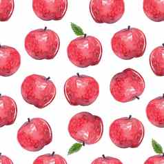 水彩红色的苹果叶子无缝的模式白色背景织物纺织包装剪贴簿