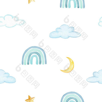 水彩蓝色的云彩虹无缝的模式白色背景织物婴儿纺织睡衣托儿所壁纸