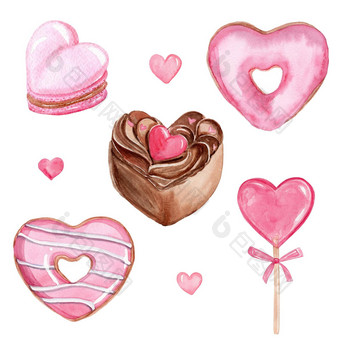 水彩粉红色的心形状的甜蜜的甜点集孤立的白色背景情人节一天集手画蛋糕蛋糕甜甜圈棒棒糖马卡龙