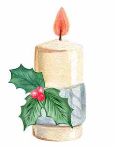 水彩装饰圣诞节蜡烛冬青叶子孤立的白色背景
