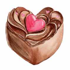 水彩巧克力心形状的蛋糕孤立的白色背景情人节一天甜点图像