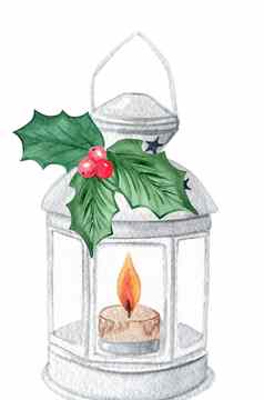 水彩圣诞节蜡烛灯笼冬青叶子装饰孤立的白色背景
