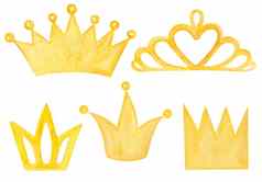 水彩黄色的冠集白色背景可爱的手画皇家冠