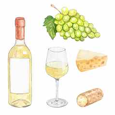 水彩白色酒奶酪集孤立的白色背景手画绿色葡萄水果玻璃酒瓶