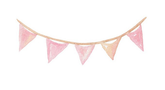 水彩可爱的粉红色的三角形旗帜加兰假期生日聚会，派对孤立的白色背景横幅婴儿淋浴邀请卡片