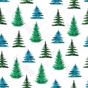 水彩绿色松树无缝的模式白色背景织物纺织剪贴簿包装圣诞节装饰<strong>北欧风</strong>格