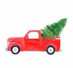 水彩红色的卡车圣诞节树交付孤立的白色背景假期问候卡