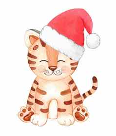 水彩可爱的老虎圣诞老人红色的他孤立的白色背景