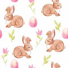 水彩手画复活节棕色（的）兔子粉红色的鸡蛋花无缝的模式白色背景邀请模板剪贴簿壁纸布局织物纺织包装纸