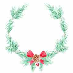 水彩冷杉花环红色的丝带锥白色背景圣诞节卡片假期装饰